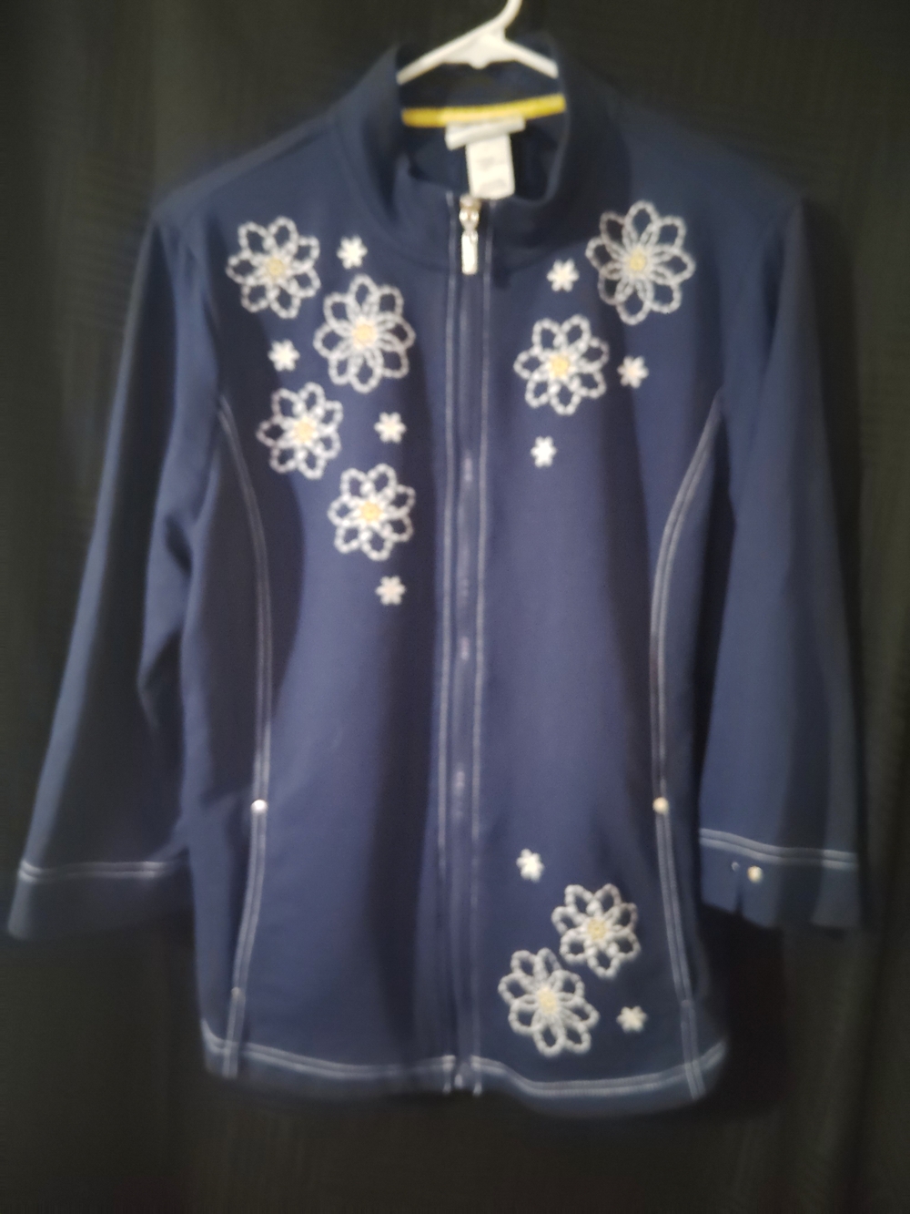 Alfred Dunner Navy Floral Embroidered Zip-Front Jacket
